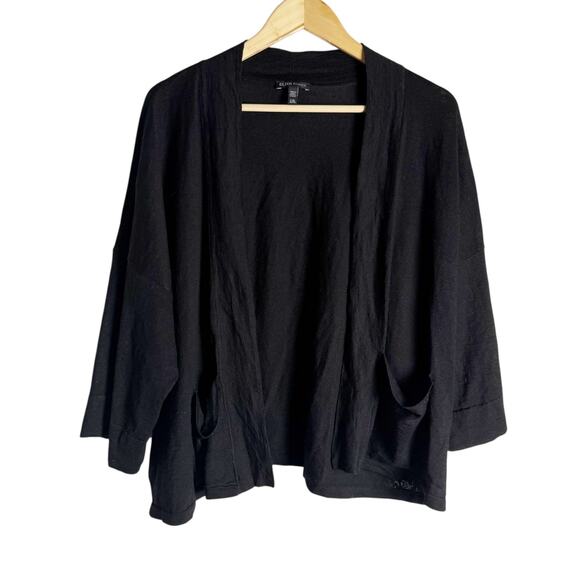 Eileen Fisher Black Organic Linen Long Sleeve Open Front Cardigan Sweater XL - Picture 1 of 8
